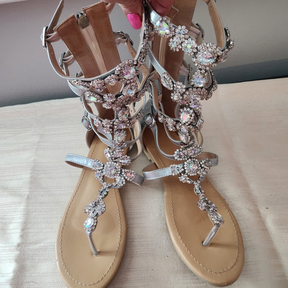 Gladiator silver sandals with rhinestones and gems, leather, size 7